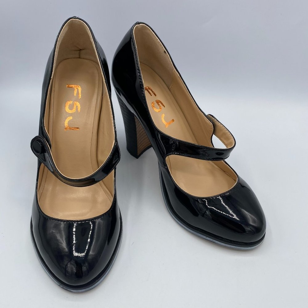 FSJ Blace Mary Jane Chunky Heel Pumps Leather Shoe